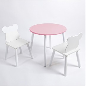 Комплект детский стол КРУГЛЫЙ и два стула МИШКА ROLTI Baby (розовая столешница/белое сиденье/белые ножки) в Ревде - revda.ok-mebel.com | фото