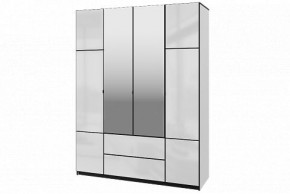 Шкаф 4-х дверный Палермо 02 с ящиками и зеркалом Белый гладкий шелк/Черный гладкий шелк в Ревде - revda.ok-mebel.com | фото 1